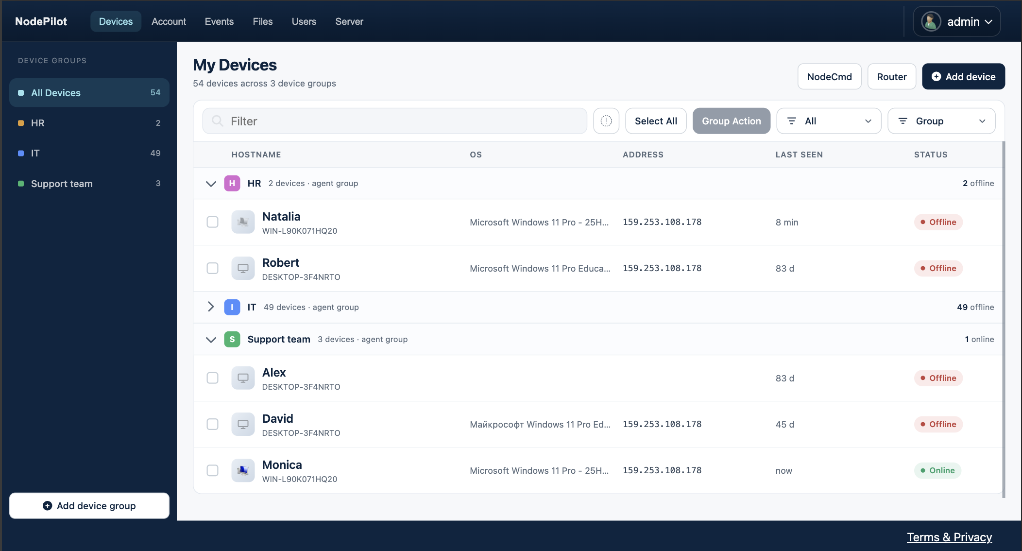 NodePilot device list showing managed devices grouped by team with online and offline status