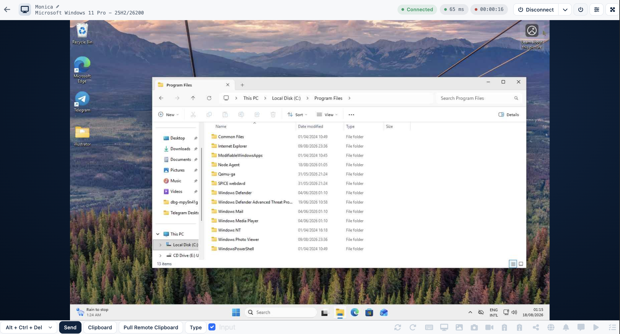 Active remote desktop session on a Windows 11 machine with session toolbar, latency and clipboard controls